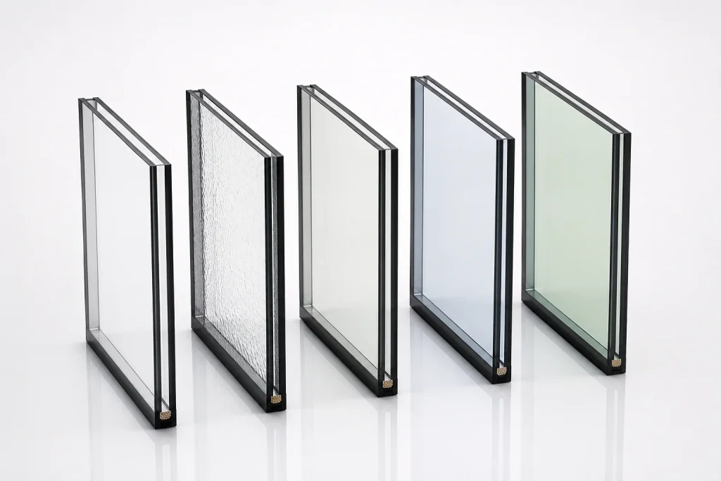 Insulated glass units featuring clear, obscure, Low-E, and Solexia glass configurations with black warm-edge spacer systems.