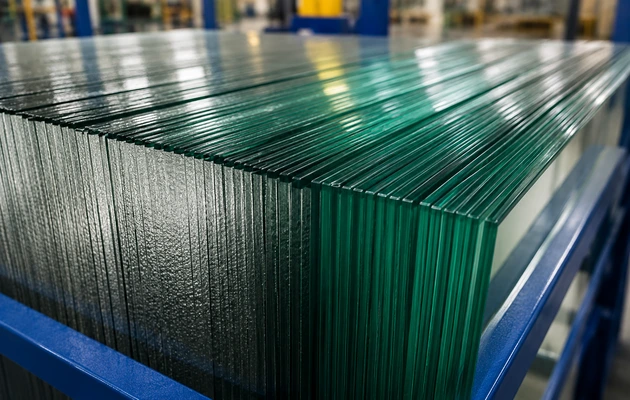 Close-up of stock sheet glass edges stacked on a warehouse rack for fabrication and distribution.